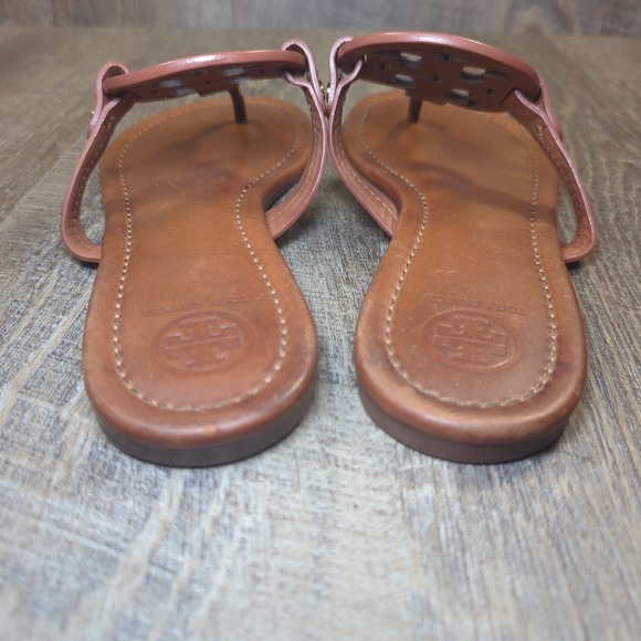 Tory Burch Miller Sandals Vintage Vachetta Tan Leather Medallion Logo Size 9 - Picture 8 of 14